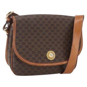 Authentic CELINE Macadam Canvas Shoulder Bag PVC Leather Brown Gold
